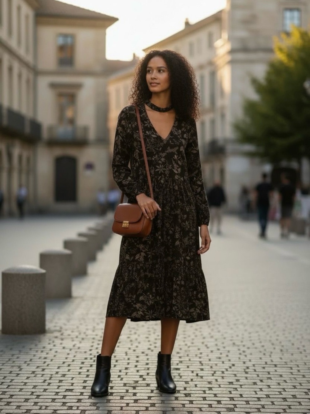 Disturbia Black Floral V-Neck Long Sleeve Midi Dress